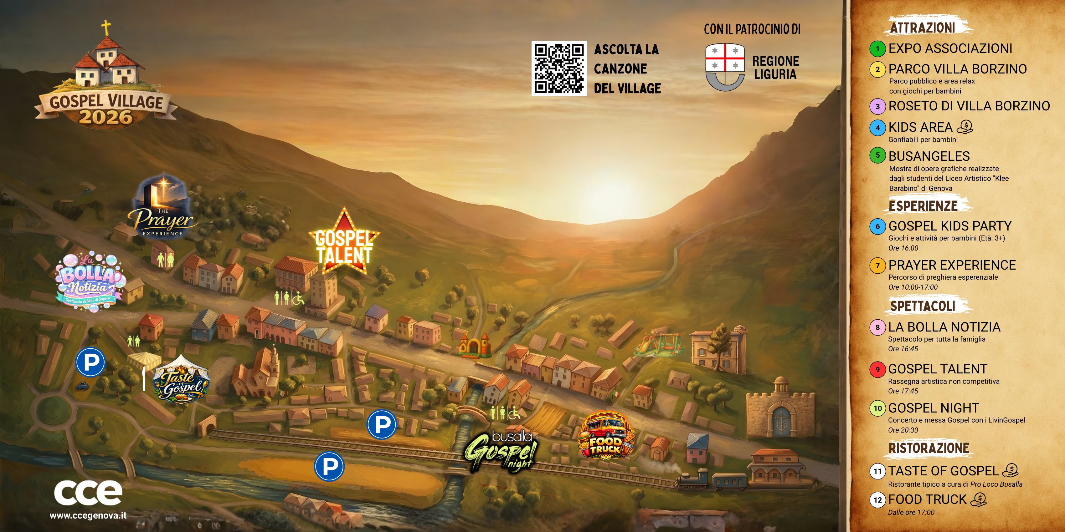 Mappa illustrata del Gospel Village 2026
